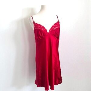 Vintage Red Satin & Lace Slip Dress — 90s Valentine Lingerie Aesthetic L